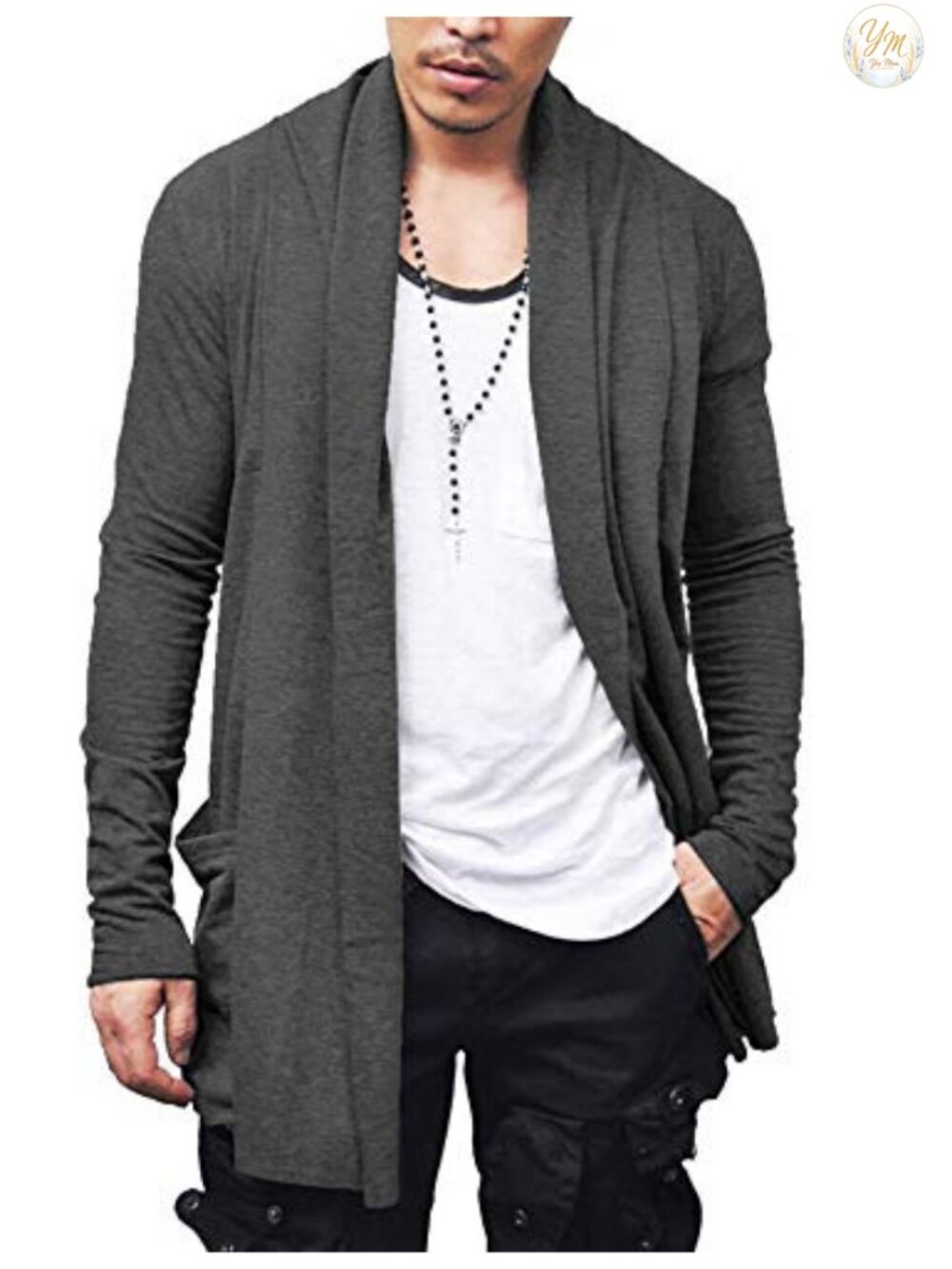 Men's Ruffle Shawl Collar Long Cardigan Open Front Light Sweater